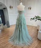Niulatu Green A-Line Off The Shoulder Tulle Beaded Evening Dress Formal Prom Dress HZ1007