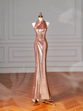 Niulatu Rose Gold Sequin Mermaid Long Prom Dress Backless Evening Dress HZ1007