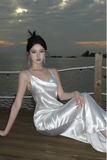Niulatu White Satin Backless Long Prom Evening Dress HZ1007