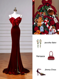 Niulatu Burgundy Velvet Slit Mermaid Evening Dress Long Prom Dress HZ1007