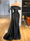 Niulatu Black Beaded Satin Sheath Prom Dress Off The Shoulder Long Evening Dress HZ1007