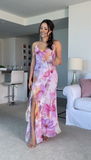 Niulatu Ruffle Graphic Floral Print Low Backless Long Prom Dress Slit Party Evening Dress HZ1007