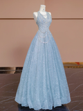 Niulatu Baby Blue A Line Halter Sequin Beaded Tulle Long Prom Dress Party Dress HZ0113