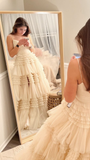 Niulatu A-Line Spaghetti Straps Ruffles Formal Evening Dresses Long Prom Dress HZ1007