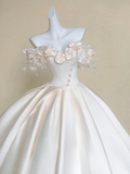 Niulatu Ball Gown Off the Shoulder Floral Ivory Satin Prom Dress Wedding Dresses HZ0113
