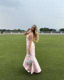 Niulatu Pink Satin Print Floral Evening Dress Mermaid Prom Dress HZ1007