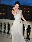 Niulatu White Chiffon Mermaid Evening Dress Long Layered Prom Dress HZ1007