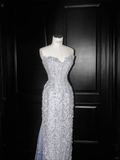 Niulatu Blue Strapless Sequins Beaded sheath Long Prom Dress Evening Dress HZ1007