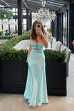 Knot Front Aqua Satin Fitted Long Party HZ0308