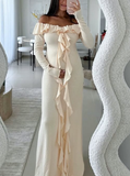 Niulatu Off The Shoulder Ruffles Cream Long Prom Dress Slit Party Evening Dress HZ1007
