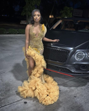 Niulatu Gold Beaded Prom Dress for Black Girls Crystal Mermaid Formal Evening Dress Side Slit Evening Dress HZ1007
