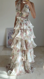 Niulatu Chiffon Print Floral A Line Backless Prom Dress V Neck Halter Layered Evening Dress HZ1007