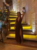 Niulatu Halter Backless Brown A Line Slit Prom Dress Deep V Evening Dress HZ1007
