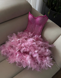 Niulatu Pink Strapless Beaded Tulle Feather Short Prom Dress HZ0113