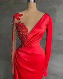 Niulatu Red Satin Evening Dresses Sheer Neckline Long Sleeve Beaded African High Slit Women Formal Prom Dress HZ1007