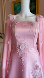 Niulatu Pink Satin Long A Line Evening Dress Pretty Appliques Prom Dress HZ1007