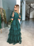 Niulatu A-line V Neck Tulle Multi-layered Prom Dress Green Evening Dress HZ1007