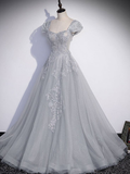 Niulatu Gray Tulle Sequin Long Prom Dress Gray Formal Evening Dress HZ1007