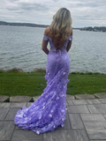 Niulatu Off the Shoulder Mermaid Lilac Lace Floral Long Prom Dresses, High Slit Graduation Evening Dresses HZ1007