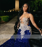 Niulatu Blue Sequins Mermaid Evening Dress With Sheer Neck Plus Size Formal Evening Occasion Gowns HZ1007