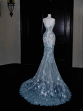 Niulatu Blue Tulle Sequins Appliques Mermaid Evening Dress Long Prom Dress HZ1007