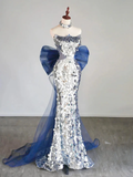 Niulatu Silver Sequins Mermaid Evening Dress Long Prom Dress With Bow HZ1007
