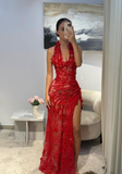Niulatu Red Sheath V Neck Beaded 3D Floral Lace Prom Dress Evening Dress HZ0113