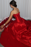 Niulatu Red Strapless Slit Party Evening Dress Formal Satin A Line Prom Dress HZ1007
