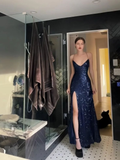 Niulatu Navy Blue V Neck Slit Evening Dress Long Prom Dress HZ1007