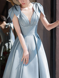 Niulatu V Neck Satin Long Prom Dress Blue Satin Evening Dresses HZ1007