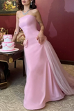 Niulatu Pink Strapless Bow-Knot Long Prom Dress,Tulle Satin Evening Dress HZ1007