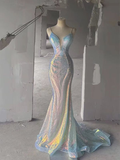 Niulatu Spaghetti Straps Sequins Mermaid V-neck Backless Long Prom Dresses Evening Dresses HZ1007