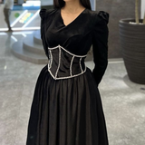Niulatu Velvet Formal Evening Dresses Women V Neck Long Sleeves Beads White Tulle Bottom Party Gowns HZ1007