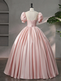 Niulatu Pink Scoop Neck Satin Floor Length Prom Dress A-Line Short Sleeve Evening Dress with Bow HZ1007