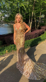 Niulatu Mermaid Golden Sequin Long Sweep Open Back Prom Dress Evening Dress HZ0113