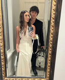 Niulatu Ivory Backless Evening Dress Long Halter Prom Dress HZ1007