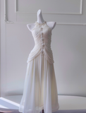 Niulatu White A Line Halter Pearl Pleated Chiffon Prom Dress Vacation Dress HZ0113