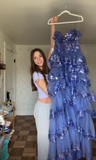 Niulatu Blue Tulle Sequins Layered Evening Dress Formal Slit Prom Dress HZ1007