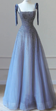 Niulatu Spaghetti-Strap Blue Tulle A-Line Prom Dress Pretty Evening Gown HZ1007
