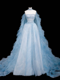Niulatu Blue Tulle Beaded A Line Prom Dress Long Evening Dress HZ1007