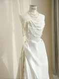 Niulatu Strapless Satin Pearls Chain White Prom Dress A Line Evening Dress HZ1007