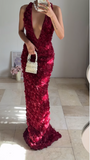 Niulatu Deep V Burgundy Rose Flowers Sheath Long Prom Dress Evening Dress HZ1007
