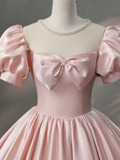 Niulatu Pink Scoop Neck Satin Floor Length Prom Dress A-Line Short Sleeve Evening Dress with Bow HZ1007