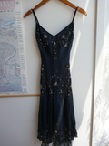 Niulatu Mermaid Spaghetti Straps Beaded Navy Blue Satin Long Prom Dress HZ0113
