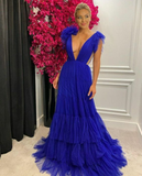 Niulatu Tiered Tulle Deep V Neck Evening Gown Open Back Ruched Sweep Train Backless Side Cut Outs A Line Pleated Prom Dress HZ1007