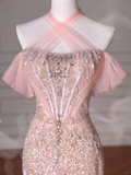 Niulatu Pink Halter Sequin Beaded Tulle Mermaid Evening Dress Long Prom Dress HZ1007