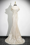Niulatu Champagne Off The Shoulder Satin Prom Dress Mermaid Evening Gown HZ1007