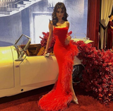 Niulatu Mermaid Straps Red Prom Dress With Feathers,Long Evening Dress HZ1007