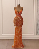 Niulatu Straps Sparkly Evening Dress Orange Glitter Mermaid Prom Dress HZ1007