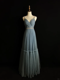 Niulatu Blue Tulle Beaded A Line Evening Dress Spaghetti Straps V Neck Prom Dress HZ1007